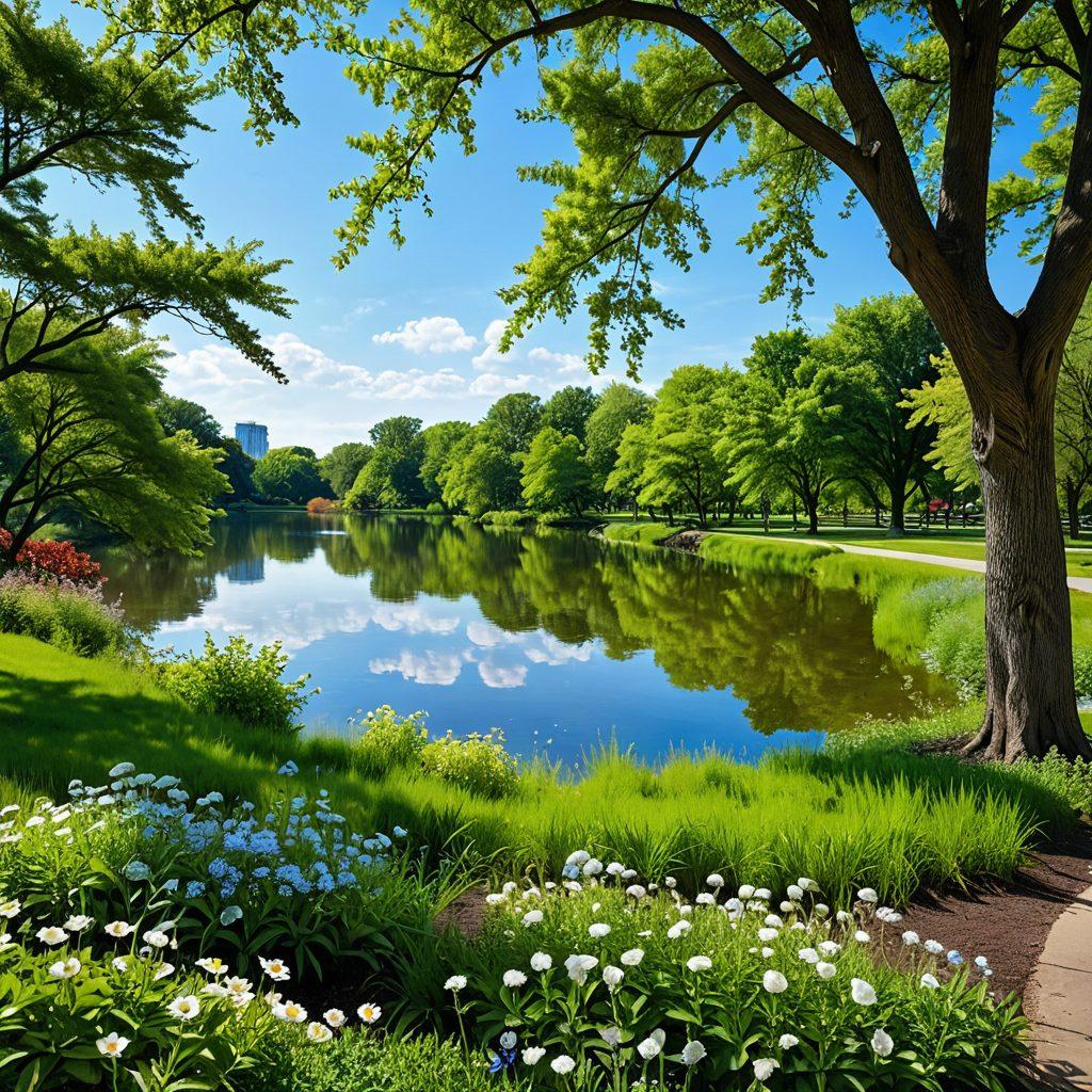 A serene landscape depicting a tranquil park in Cook County, with diverse individuals participating in supportive group activities. Include elements of nature such as blossoming flowers, trees, and a calm lake reflecting a clear sky. Showcase emotional connection through body language and expressions, emphasizing community and well-being. The scene should evoke a sense of hope and healing. vibrant colors. super-realistic.