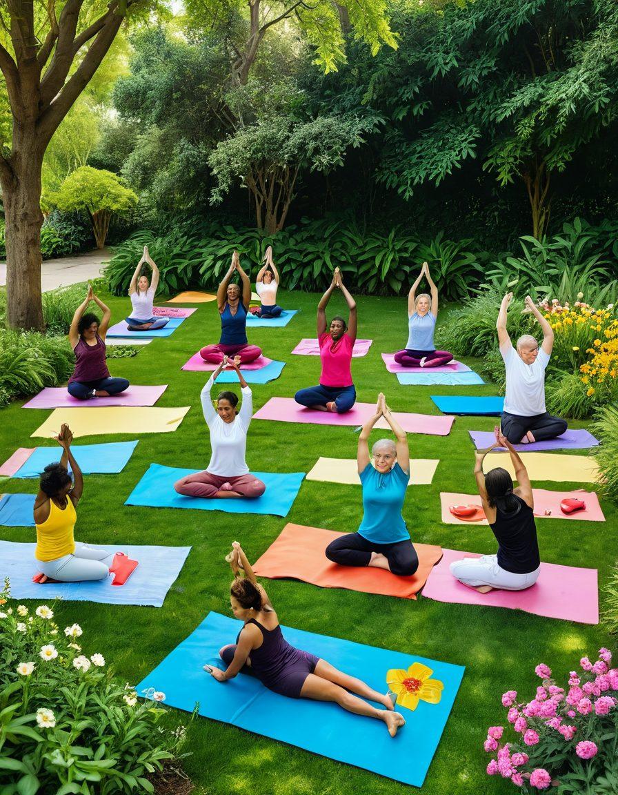 A diverse group of people engaging in community wellness activities, such as yoga in a park and a group cooking healthy meals in a community kitchen. Incorporate symbols of support like hands joining together and heart shapes, with greenery and vibrant flowers surrounding the scene. Showcase various age groups and cultures to emphasize inclusivity. Bright, uplifting colors enhance the feeling of positivity and community. super-realistic. vibrant colors. natural background.