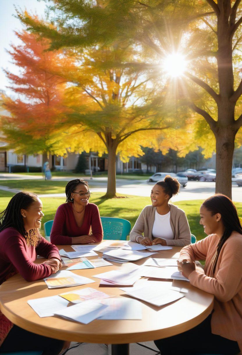 A diverse group of people engaging in a supportive community setting, with colorful mental health resource pamphlets displayed. Include symbols of wellness like trees and sunshine in the background, while highlighting a warm and inviting atmosphere. Super-realistic. Warm colors. Soft focus.
